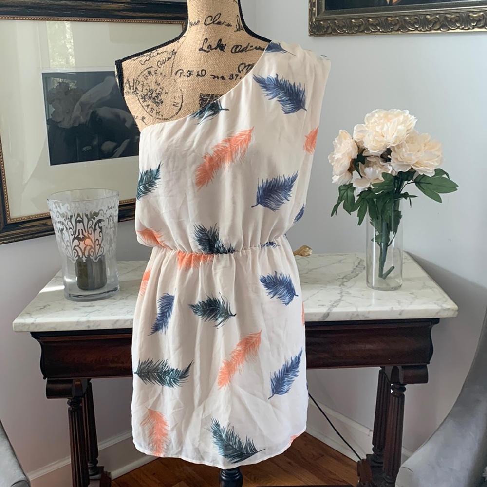 Rory Beca sexy one shoulder feather print Spring dress tan blue orange M 6